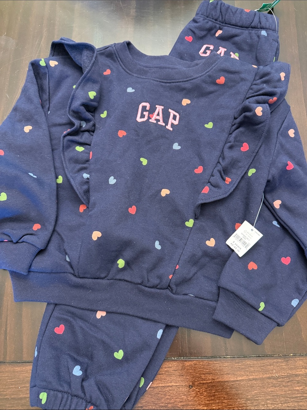 GAP Navy Heart-Print Ruffle Sweatshirt and Sweatpants Set size 5